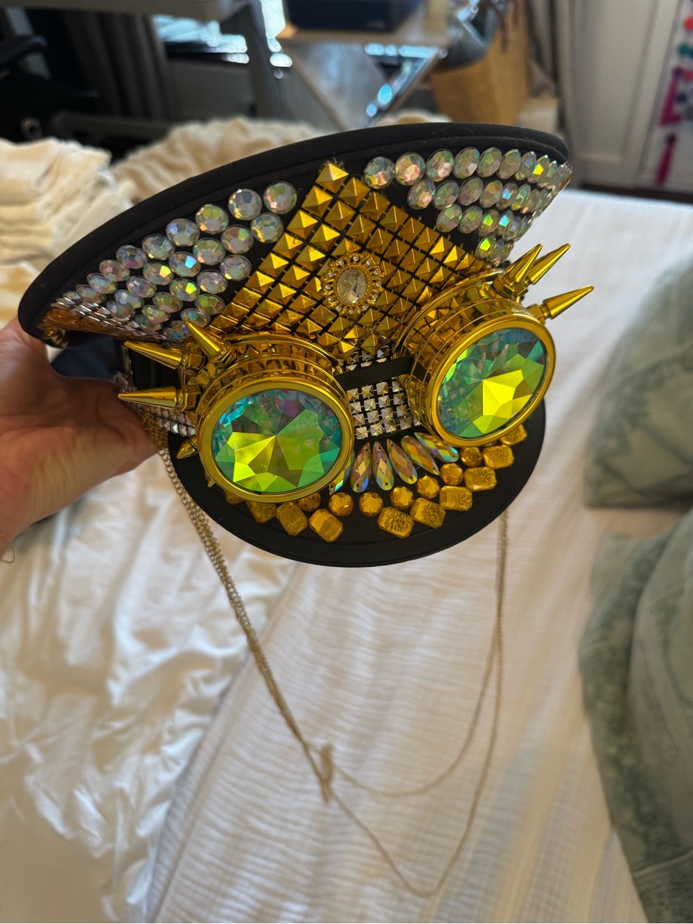 Burning Man Embellished Black Statement Cap with Gold Spikes & Iridescent Gems